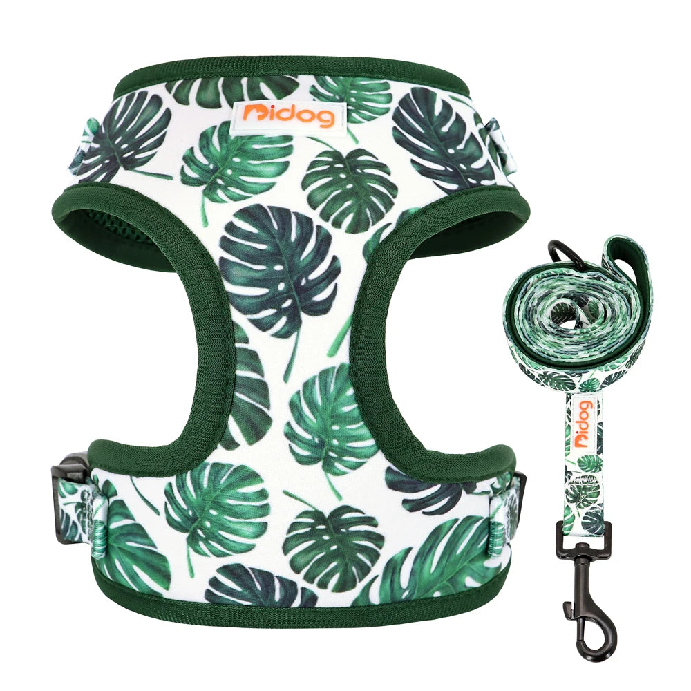 Adjustable Nylon Mesh Dog Harness and Leash Set - Printed Vest