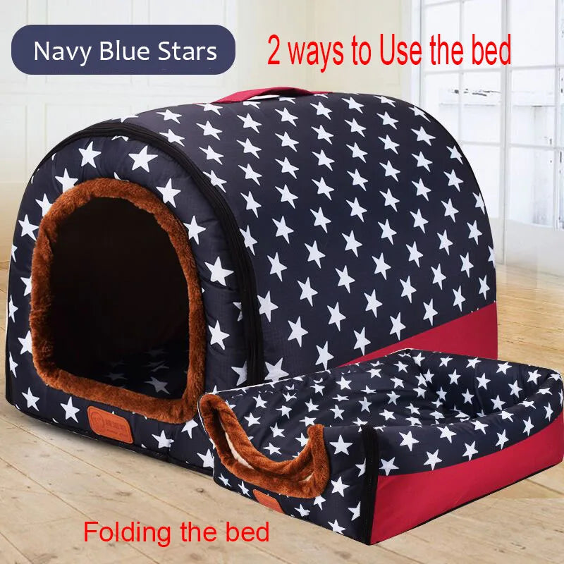 Star Print Foldable Pet House - Warm Cat and Dog Bed