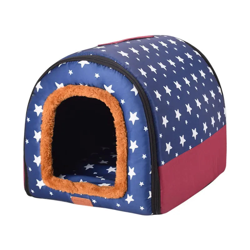 Star Print Foldable Pet House - Warm Cat and Dog Bed