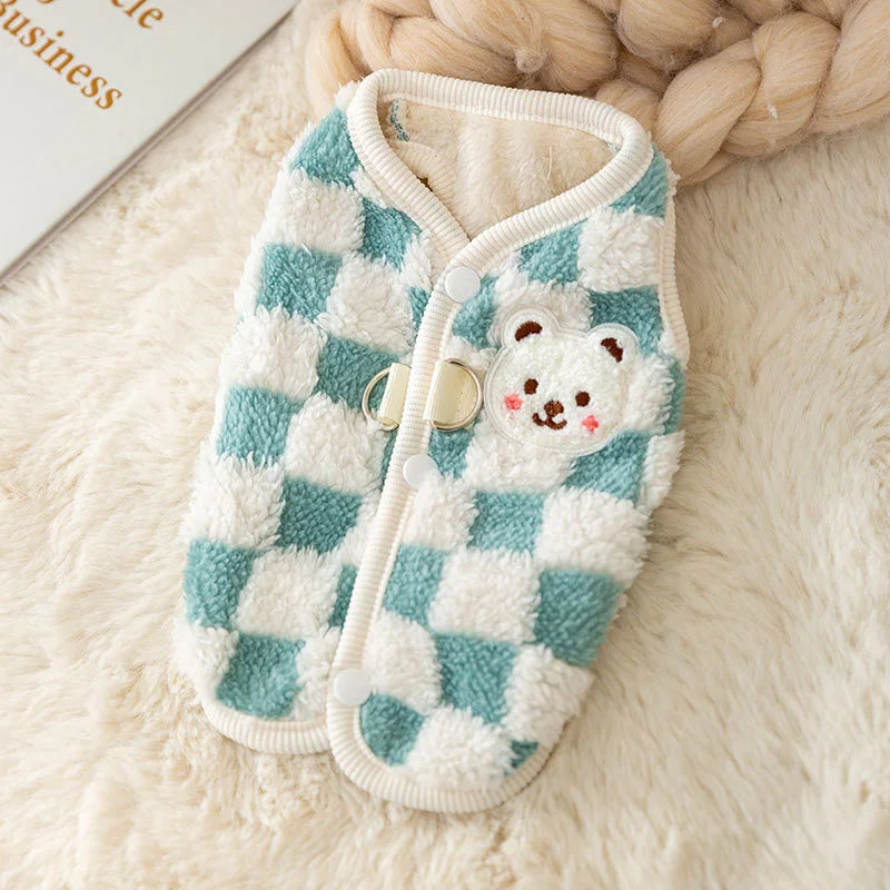 Bear Print Plush Pet Sweater with Buckle - Winter Jacket