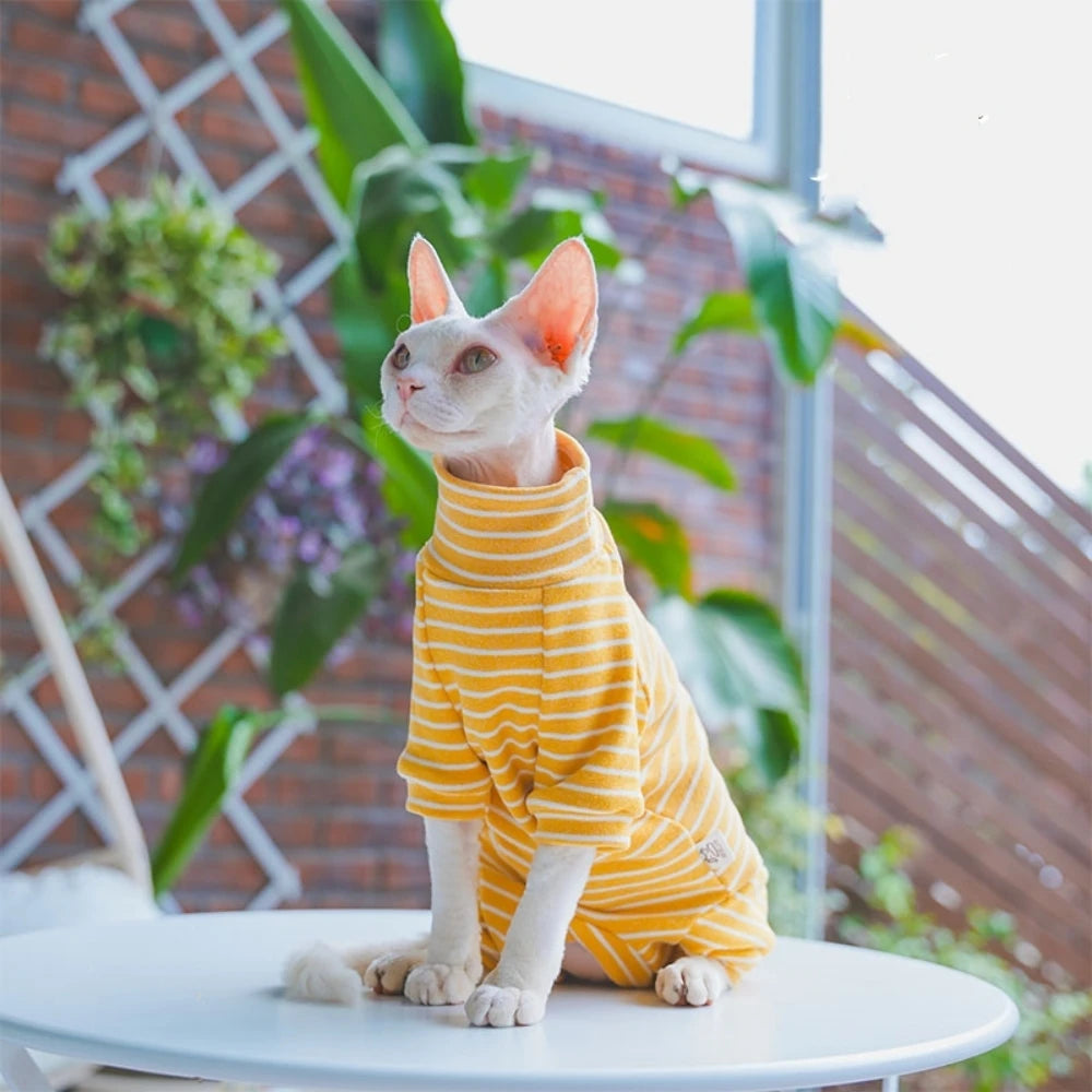 Striped Cotton Cat Jumpsuit - 4-Leg Long Sleeve Coat