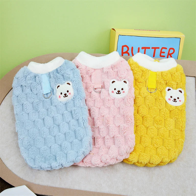 Bear Print Plush Pet Sweater with Buckle - Winter Jacket