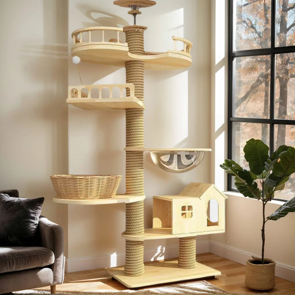 Solid Wood Adjustable Cat Tree Tower in Ivory Finish