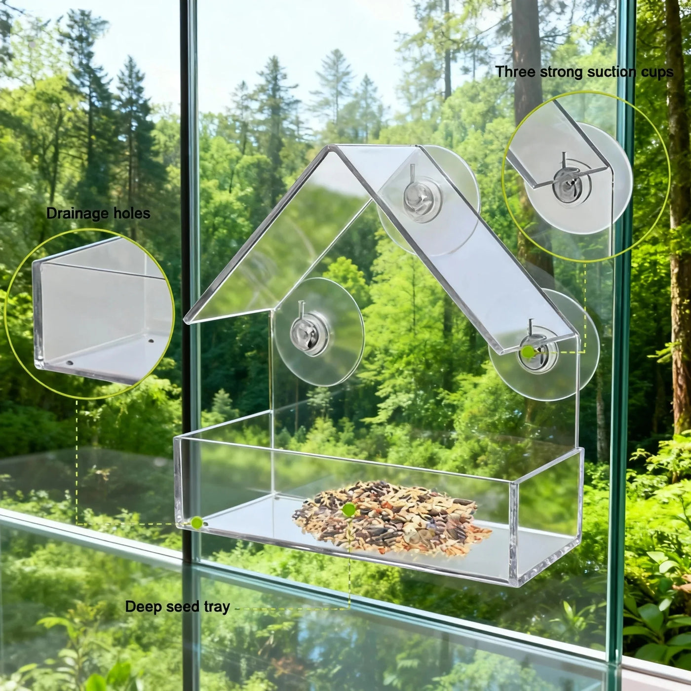 Clear Acrylic Window Bird Feeder with Suction Cups