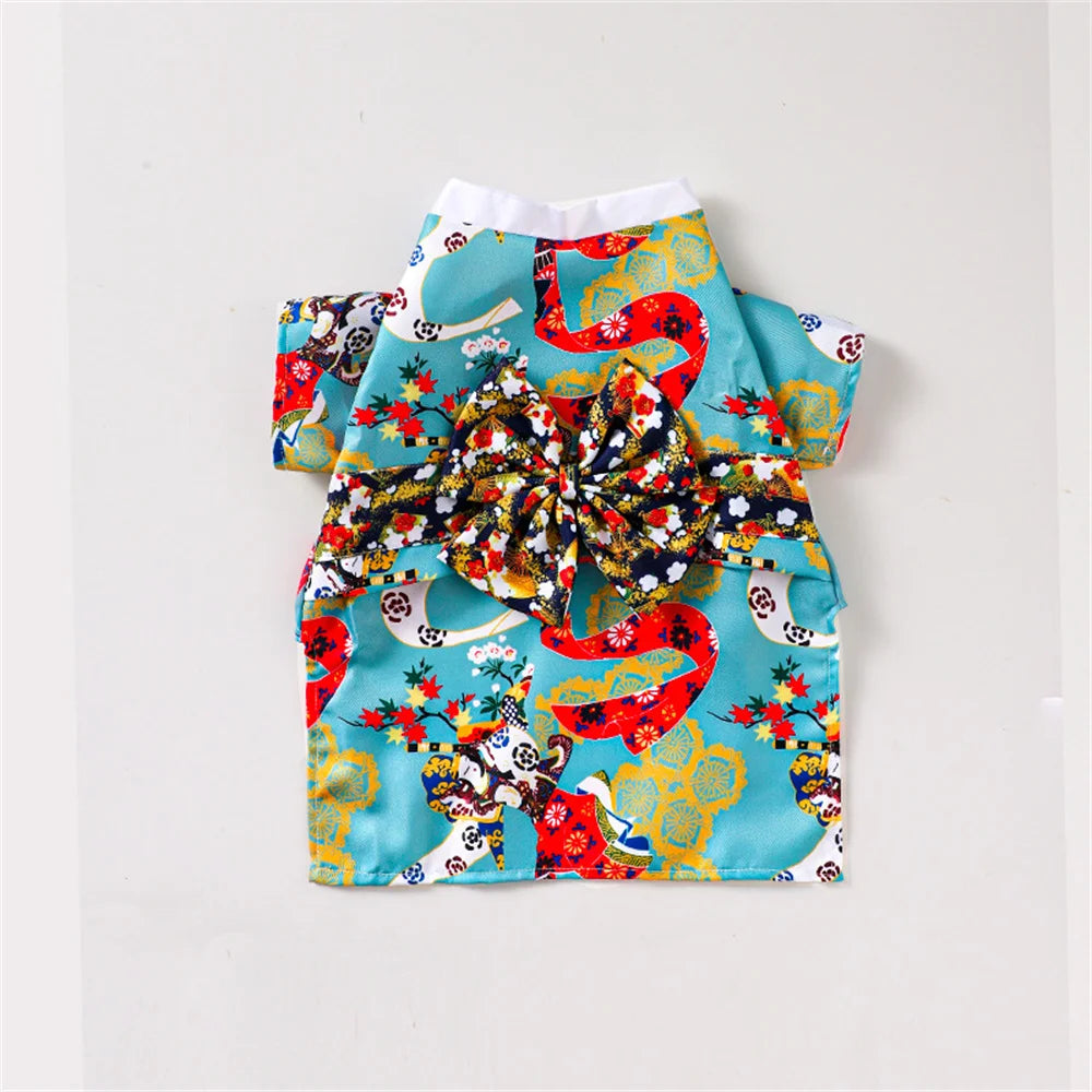 Japanese-Style Pet Kimono Coat with Bow-Knot Print