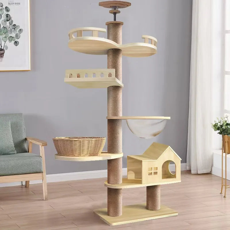 Solid Wood Adjustable Cat Tree Tower in Ivory Finish