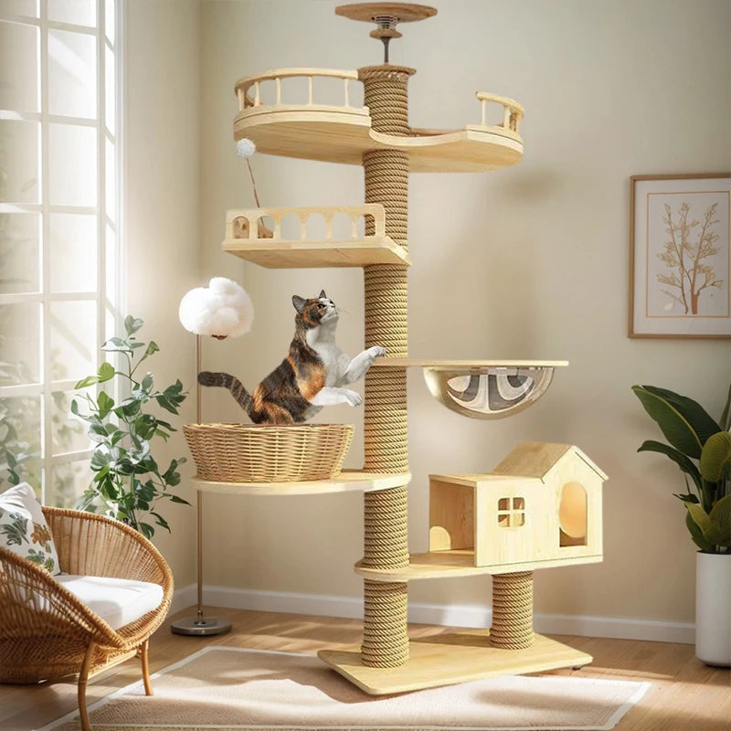 Solid Wood Adjustable Cat Tree Tower in Ivory Finish