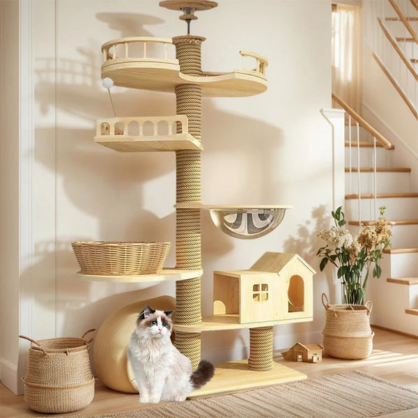 Solid Wood Adjustable Cat Tree Tower in Ivory Finish