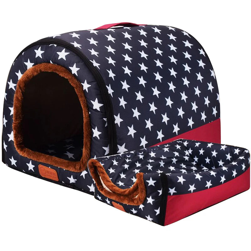Star Print Foldable Pet House - Warm Cat and Dog Bed