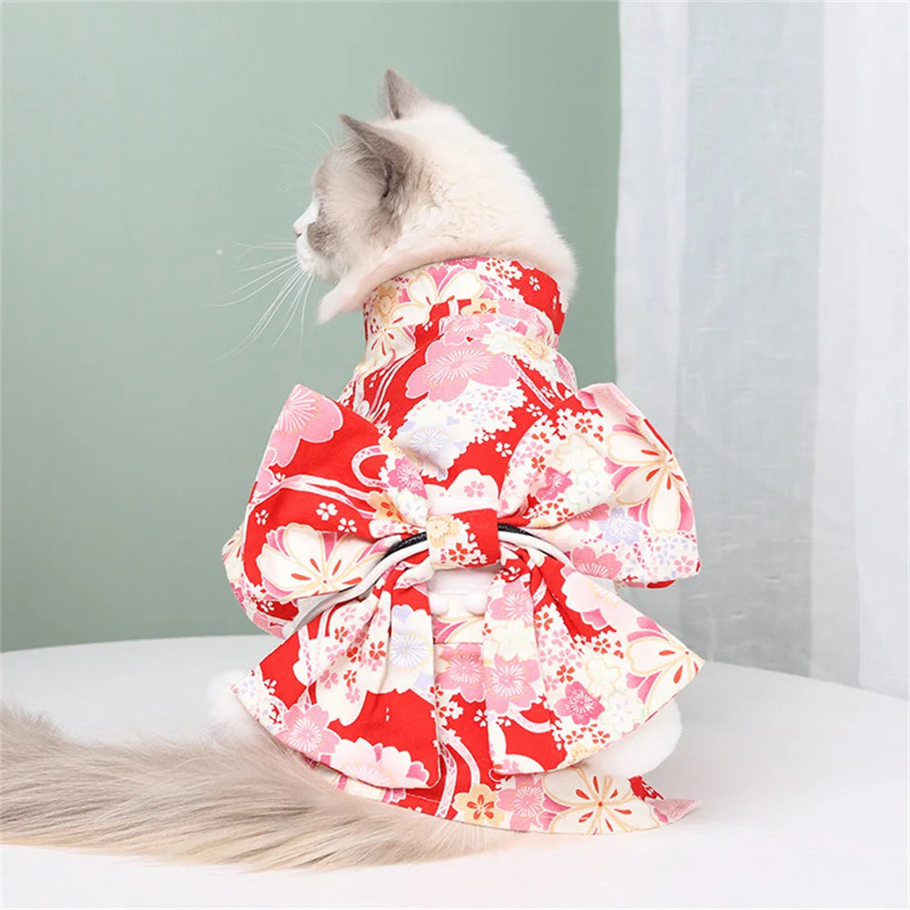 Japanese-Style Pet Kimono Coat with Bow-Knot Print