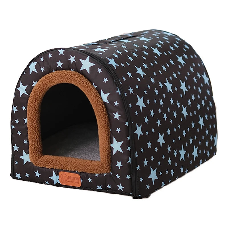 Star Print Foldable Pet House - Warm Cat and Dog Bed