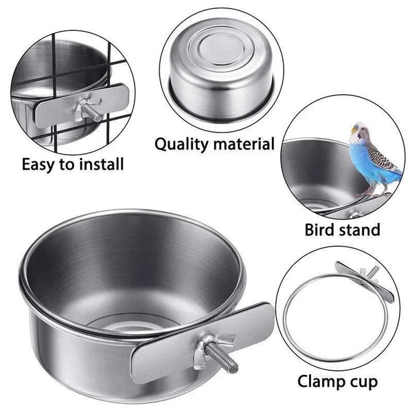 Stainless Steel Parrot Food and Water Bowl with Clamp